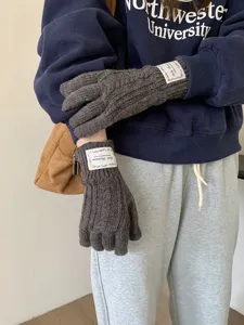 Primo piano dettagliato di guanti invernali grigio scuro in maglia con etichetta decorativa.