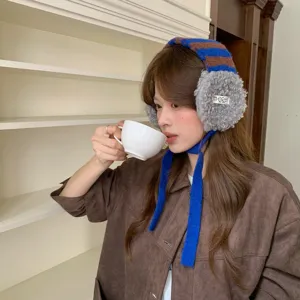Winter knitted earmuffs for women, warm lambswool striped ear warmers with windproof ties.
