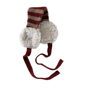 Winter warm lamb wool knitted earmuffs with cute stripes and straps for women windproof