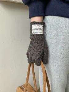 Guanti invernali in maglia trecce grigio scuro da donna, con etichetta tessuta e lana calda.