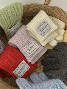 Dettaglio guanti in maglia treccia accoglienti, morbide moffole invernali touch screen.