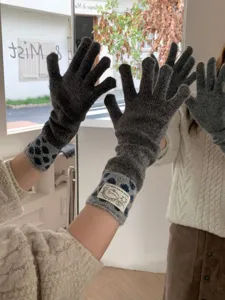 Gants longs en tricot pour femme hiver chaud tactile gants pois gris détails élégants