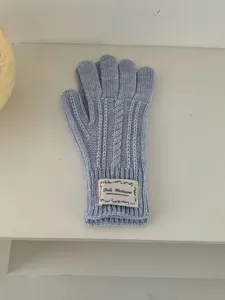Vista dettagliata di un guanto in maglia azzurro con trecce e un'etichetta tessuta decorativa.