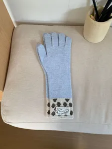 Gros plan de gants tricotés longs bleu clair avec poignets à motifs mignons et étiquette.