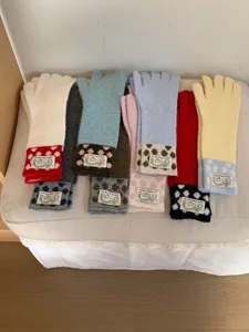 Vue détaillée de gants en tricot color-block avec de jolies étiquettes, doux et chauds.
