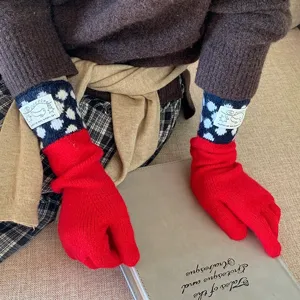Gants longs en tricot à pois color-block pour femmes, style ins d'hiver chaud et tactile