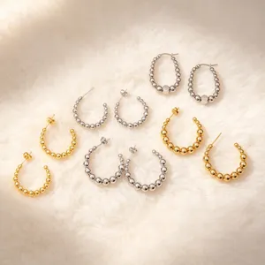 Pendientes de Aro con Cuentas en Forma de C de Acero Inoxidable para Mujer Pendientes de Botón Minimalistas con Bolas Metálicas