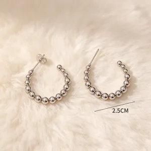 Pendientes de aro de cuentas de acero inoxidable plateado, diseño en C elegante, talla 2,5CM.