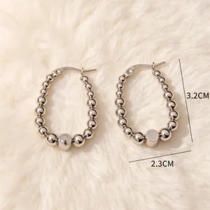 Pendientes de aro de acero inoxidable con cuentas, joyería plateada elegante de moda.