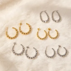 Pendientes de aro con cuentas de acero inoxidable dorado y plateado moda mujer