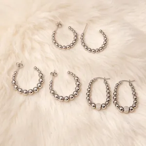 Pendientes de aro de acero inoxidable con cuentas, diseño esférico de metal para mujeres.