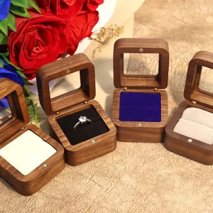 Boîte à Bague en Bois de Noyer Fenêtre Transparente Doublée de Velours Étui de Rangement pour Bague de Fiançailles Boîte Cadeau de Bijoux de Mariage
