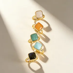 Mujeres Estilo Ins Cobre Chapado en Oro Piedra Natural Cristal Anillo Abierto Ajustable Geométrico Cuadrado Anillo de Dedo Joyería de Moda