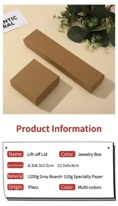 Kraft paper jewelry box detail showing square and long rectangular gift boxes with size specs.