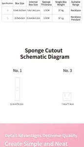 Jewelry box size chart and sponge cutting specifications showing dimensions and weights.