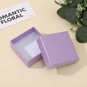 Purple paper gift box, square jewelry packaging box with lid for ring necklace storage.