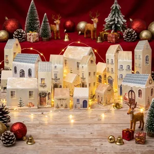 Detailed view of Nordic Christmas paper houses advent calendar gift boxes set for holiday decor.