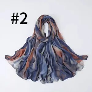 Blue brown striped satin silk scarf detail view, elegant lightweight women long shawl wrap.