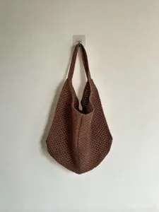 Brown crochet shoulder bag for women, hollow knit casual beach tote bag, everyday stylish purse.