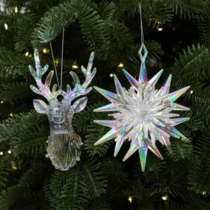 Decorazioni sospese per albero di Natale in acrilico iridescente a forma di cervo e stella.