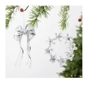 Clear acrylic Christmas bow and wreath hanging ornaments for holiday tree and home decor.