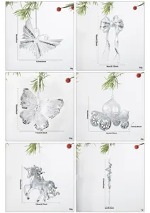 Christmas tree acrylic glitter hanging ornaments set, various shapes with dimension specs.