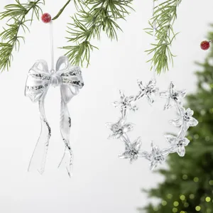 Transparent Silver Glitter Acrylic Christmas Tree Ornament Hanging Pendant Snowflake Bow Reindeer Angel Wings Festive Party Home Decor