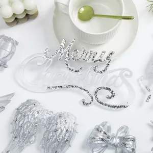 Clear acrylic Merry Christmas sign pendant with glitter for tree decoration and holiday party.