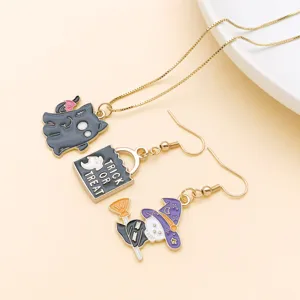 Halloween ghost and witch cat necklace earrings jewelry set with dripping oil finish.