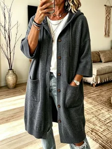 Cardigan en tricot à capuche oversize pour femme, manteau pull long avec poches.