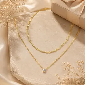 Collier Double Couche en Cuivre Rétro Français Avec Pendentif en Strass Bijoux Élégants à la Mode pour Femme Or Argent