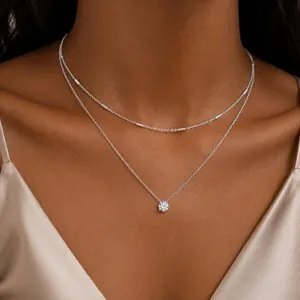 Collier double couche élégant en argent avec pendentif en zircon brillant pour tous les jours.