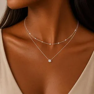 Collier double couche en zircon exquis detail, chaine de clavicule elegante et chic.