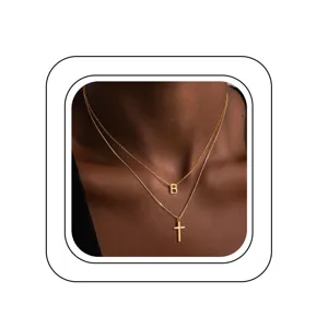 Collier double couche doré avec pendentif lettre B et croix mode bijoux pour femme