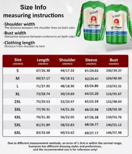 Men's casual long sleeve T-shirt size chart with detailed chest and shoulder measurements.