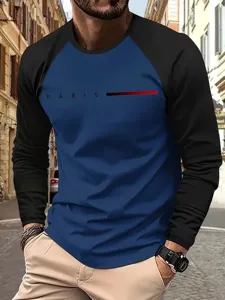 Men's long sleeve colorblock t-shirt casual streetwear top with paris chest print