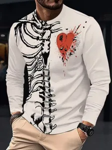 Close-up detail of men's long sleeve t-shirt featuring 3D skeleton and bleeding heart print.