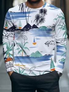 Men's long sleeve t-shirt detail showing tropical beach and sailboat graphic print top.