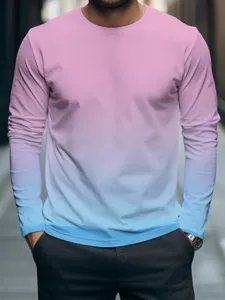 Close-up view of men's pink and blue gradient long sleeve t-shirt, casual street fashion top.