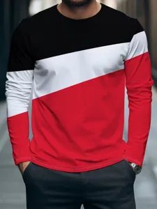 Men's colorblock long sleeve t-shirt detail, stylish geometric contrast streetwear top.
