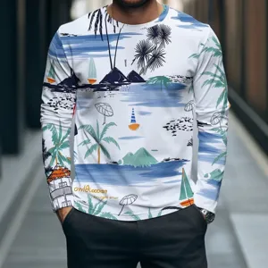 Men's casual long sleeve t-shirt featuring trendy beach graphic print streetwear top