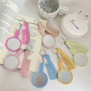 Ensemble Porte-clés Miroir et Peigne Portables en Acétate Couleur Unie Mini Peigne à Cheveux Miroir de Maquillage de Poche Pendentif de Sac