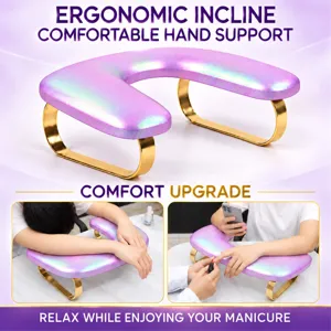 Ergonomic U-shaped manicure hand pillow with gold metal stand and comfortable PU leather surface.