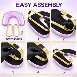 Assembly guide detail of U-shaped Russian manicure hand rest with detachable stands.