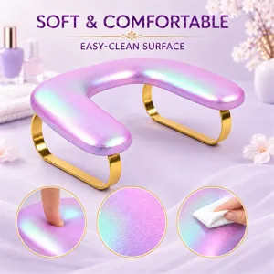 Portable U-shaped nail hand pillow with gold stand, soft holographic PU leather surface.