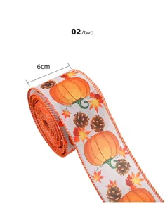 Ruban de Thanksgiving d'automne avec motif de citrouille et pomme de pin, 6cm de large.