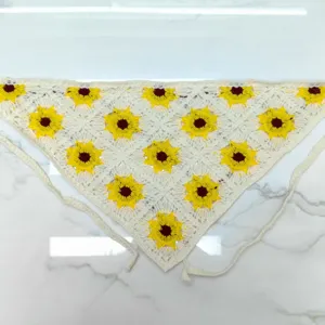 Handmade crochet knit sunflower triangle bandana stylish floral wool hair scarf accessory.