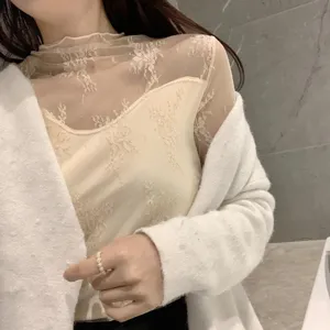 Haut thermique en dentelle résille pour femme col montant manches longues look cardigan élégant
