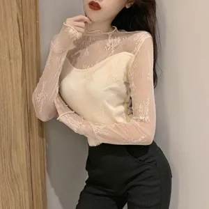 Vue détaillée haut femme automne hiver dentelle thermique manches longues col montant.