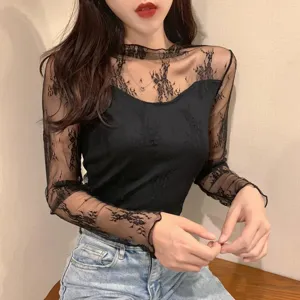 Haut femme noir en dentelle manches longues coupe slim elegante chemisier tendance chic